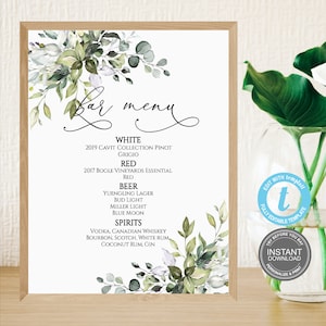 Barmenu bruiloft bord sjabloon, groen bruiloft decoratie, decor, afdrukbaar bord, borden sjabloon, direct downloaden, GRATIS demo, E114