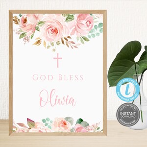 Dio benedica modello di segno, battesimo ragazza, segno di battesimo floreale rosa stampabile, modello di prima comunione, Dio benedica, battesimo, Templett, E259