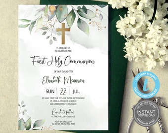 First Communion Invitation Template, Instant Download, Printable First Holy Communion Invitation, Editable Invitation, Templett Baptism E334