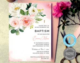Modèle d'invitation de baptême floral, invitation de baptême imprimable, téléchargement instantané d'aquarelle, floral rose, essayez avant d'acheter !, démo gratuite E65
