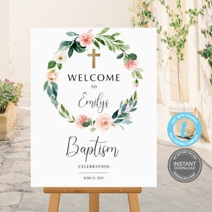 Doop welkom teken sjabloon, eerste communie, Instant Download, volledig bewerkbaar, bewerkbare boho-kaart, proberen voordat je koopt, GRATIS demo E412