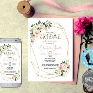 Sjabloon vrijgezellenfeest, aquarel bruiloft, maten 5 x 7", roze vrijgezellenfeest, direct downloaden, volledig bewerkbaar, elektronische uitnodiging, gratis demo, E62