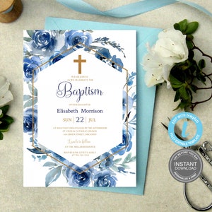 Plantilla de invitación de bautismo, flores de acuarela azules, invitación de primera comunión imprimible, invitación editable, Templett Baptism E244