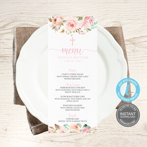 Szablony kartek menu chrztu, szablony menu chrztu boho, edytowalne menu pierwszej komunii, menu na dzień nadania imienia, dekoracje stołu chrzcielnego E348