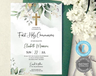 First Communion Invitation Template, Instant Download, Printable First Holy Communion Invitation, Editable Invitation, Templett Baptism E334