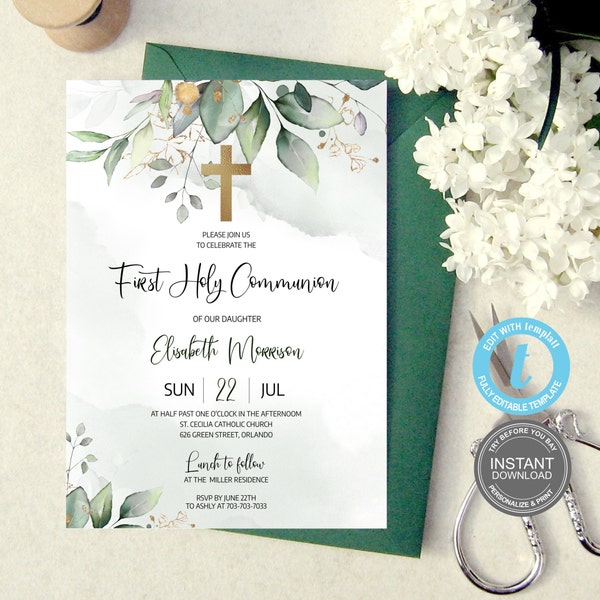 Eerste communie uitnodiging sjabloon, Instant Download, afdrukbare eerste heilige communie uitnodiging, bewerkbare uitnodiging, Templett doopsel E334