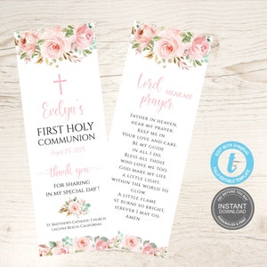 Floral First Communion Prayer Card Template, Baptism, Bookmark, Girl, Pink Cross, Blush Pink, First Holy Communion, first prayer  E272