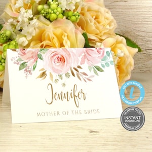 Etiquetas con nombre para novias, despedida de soltera, plantilla para tarjetas de lugar de boda, tarjetas con nombre para boda, diseño floral editable en color rubor, demostración GRATIS E231