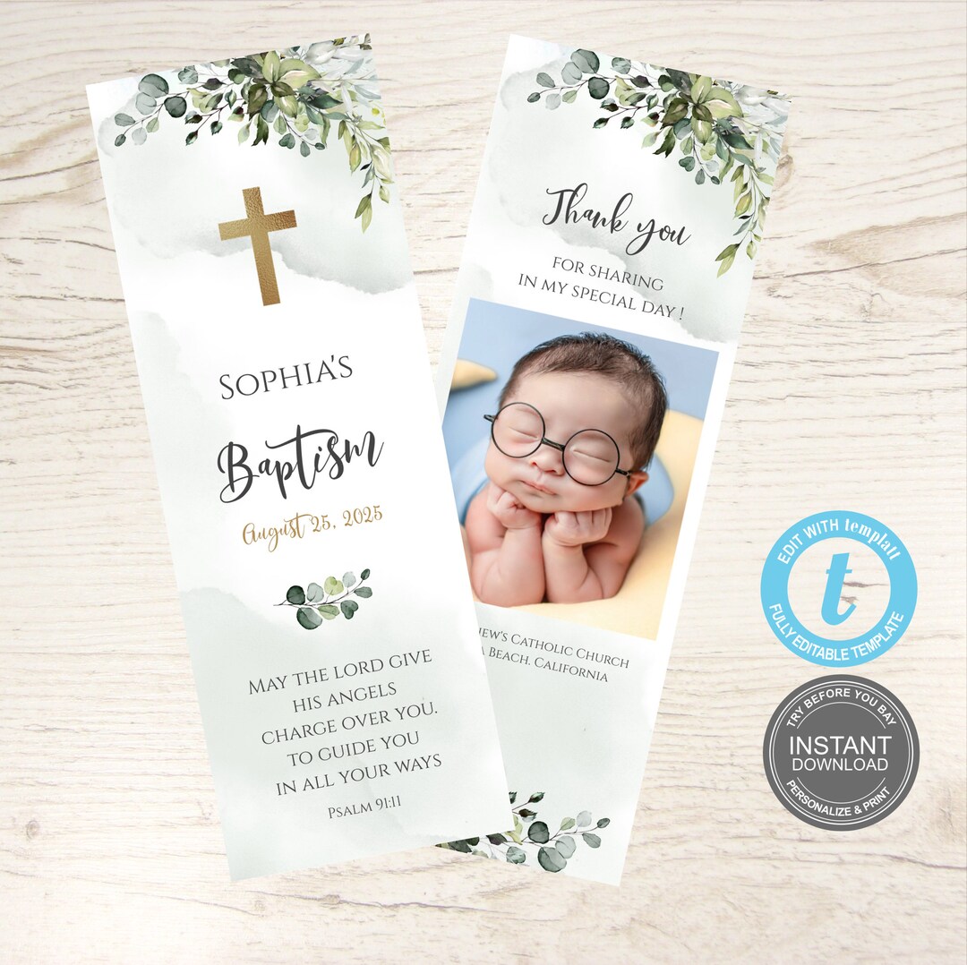 Baptism Bookmark Template, First Communion Bookmark, Editable Bookmark ...