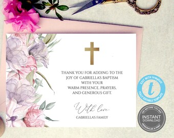 Modèle de remerciement de baptême, première communion, aquarelle rose, entièrement modifiable, carte boho modifiable, à essayer avant d'acheter, démo GRATUITE E400