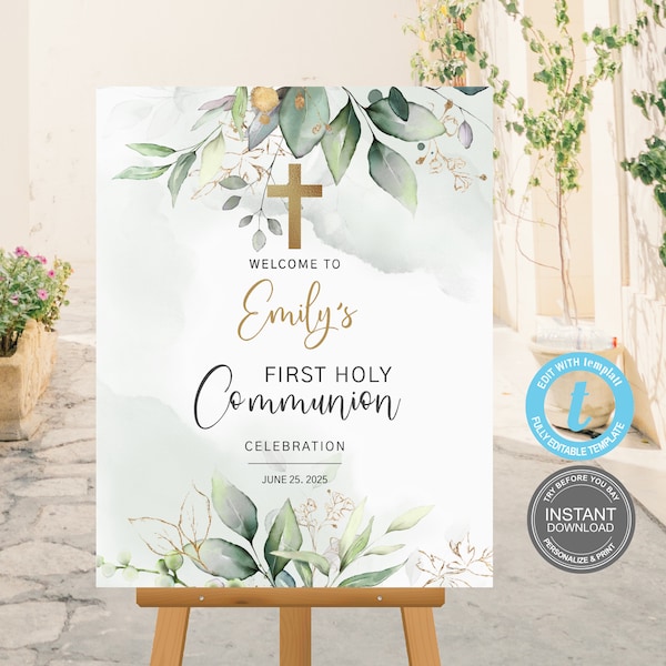 First Communion Welcome Sign Template, Baptism, Instant Download, Fully Editable, Editable boho Card, Try Before You Buy, FREE Demo E359