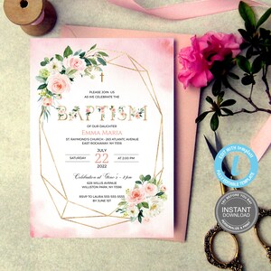 Modello di invito al battesimo, invito al battesimo stampabile, download istantaneo dell'acquerello, prova prima di acquistare! Carta boho modificabile, demo GRATUITA E61