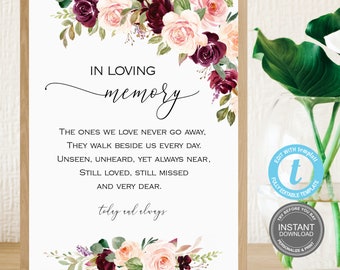 Bourgondische bruiloft Memorial teken, liefdevolle herinnering, Bourgondische bruiloft decoratie, tekenen sjabloon, Instant Download, gratis demo, E126