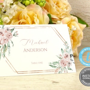 Plaatskaarten sjabloon, bruids naamplaatjes, bruids douche, bruiloft naamkaartjes, bewerkbare Blush bloemen bruiloft GRATIS demo E292