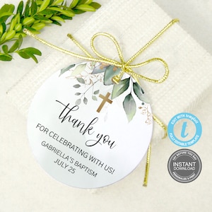 Baptism Thank You Tag Template, Boho Christening Thank You Tags, Editable Baptism Label, Editable Greenery Tag, Communion, Baby Shower, E351