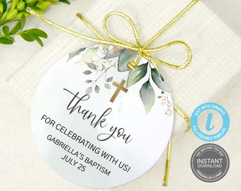 Baptism Thank You Tag Template, Boho Christening Thank You Tags, Editable Baptism Label, Editable Greenery Tag, Communion, Baby Shower, E351