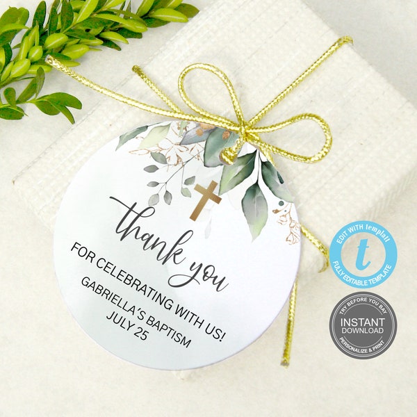 Baptism Thank You Tag Template, Boho Christening Thank You Tags, Editable Baptism Label, Editable Greenery Tag, Communion, Baby Shower, E351