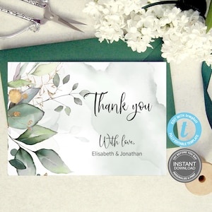 Tarjeta de agradecimiento de eucalipto, hojas verdes de acuarela imprimibles, doblada en forma de carpa y simple, tarjetas de agradecimiento de hojas verdes para bodas E396