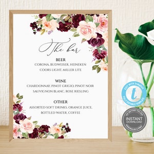 Insegna personalizzata per matrimonio bordeaux, decorazione floreale per matrimonio, modello di segnaletica, modificabile e stampabile, download istantaneo, demo GRATUITA, E218