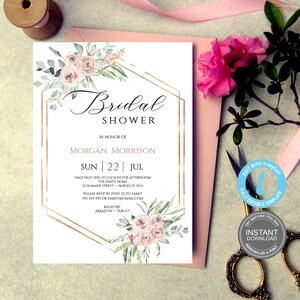 Sjabloon vrijgezellenfeest, maten 5 x 7", oudroze bloemen, direct downloaden, volledig bewerkbaar, elektronische uitnodiging, gratis demo, E283