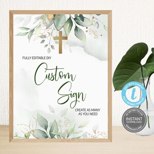 Plantilla de signos personalizados, Primera Comunión, Signos personalizados de bautismo, Editable e imprimible, Signo personalizado de bautizo, Hojas verdes, Templett E506