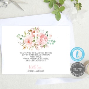 Taufe Dankeskarte Vorlage, Erstkommunion, rosa Aquarell, Mädchen-Taufkarte, Blumen Taufe Mädchen Dankeskarte E494