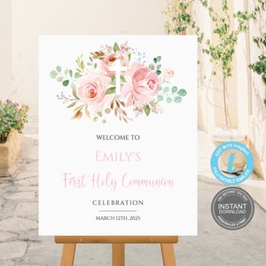 Modello di cartello di benvenuto per la prima comunione, battesimo, download immediato, completamente modificabile, biglietto boho modificabile, prova prima di acquistare, demo GRATUITA E343