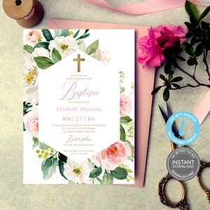 Plantilla de invitación de bautismo, Bautismo de niña, Blush Floral, Totalmente editable, Invitación editable, Primera Comunión, Templett E243