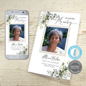 Modèle de programme de funérailles, programme commémoratif floral, carte d'invitation aux funérailles, photo, service commémoratif modifiable, téléchargement immédiat, démo gratuite, E20