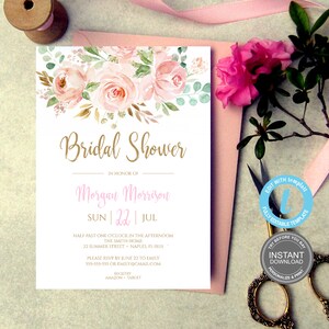 Bruidsdouche uitnodiging sjabloon, bruids douche uitnodigingskaart, Blush roze bloemen, goud, volledig bewerkbaar, elektronische uitnodiging, gratis demo E228
