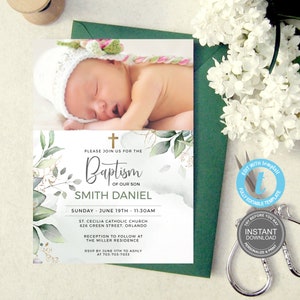 Baptism Invitation Template Christening Invite Printable Baptism Invite Editable Invitation Templett Baptism Greenery Invitation Boy E449