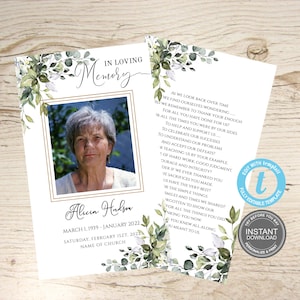 Begrafenis gebedskaart, afdrukbare Memorial gebedskaartsjabloon, begrafenisuitnodigingskaart, foto, overlijdenskaart, Instant Download, GRATIS demo, E22