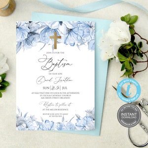 Taufe Einladung Vorlage, Blaue Aquarell Blumen, druckbare Erstkommunion Einladung, bearbeitbare Einladung, Templett Taufe E444