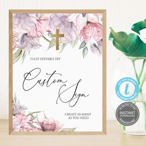 Plantilla de letreros personalizados para primera comunión, bautizo y decoración floral para bodas. Editable e imprimible. Letrero personalizado para bautizo. Templett E424