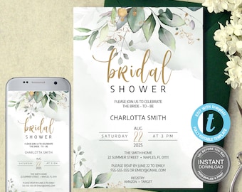 Bridal Shower Invitation Template, Bridal Shower Invitation Card, eucalyptus bridal shower, Fully Editable,Electronic Invite, FREE Demo E335