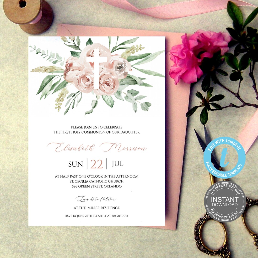 First Communion Invitation Template, Printable Baptism Invite, Templett ...