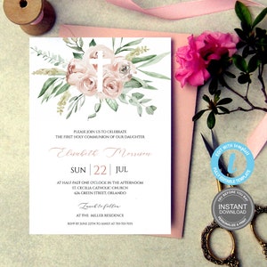 Erste Kommunion Einladung Vorlage, Printable Taufe Einladen, Templett, versuchen Sie, bevor Sie kaufen! Bearbeitbare Boho-Karte, KOSTENLOSE Demo E332