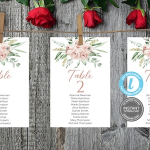 Zitplaatsgrafieksjabloon, zitplaatsgrafiek bruiloft, bruidsdouche, zitplaatskaarten, volledig bewerkbaar, stoffig roze, tafelsjabloon, GRATIS demo E248