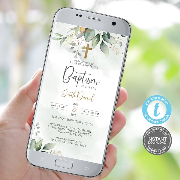 Digital Baptism Invitation Template, Christening Invite Template, Greenery Baptism Evite, Electronic Baptism Smartphone, Templett, E460