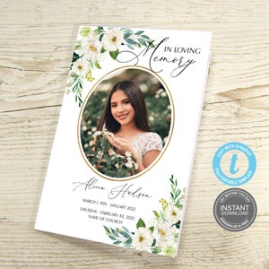 Sjabloon begrafenisprogramma, Floral Memorial-programma, uitnodigingskaart begrafenis, foto, bewerkbare herdenkingsdienst, direct downloaden, GRATIS demo, E95