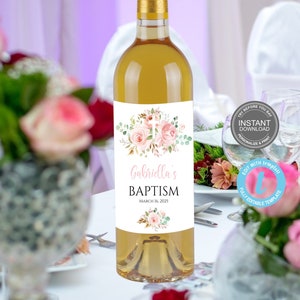 Plantilla de etiqueta de vino de agradecimiento por el bautismo, etiqueta de agradecimiento de bautizo boho, etiqueta de bautismo editable, etiqueta de regalo rosa editable, etiqueta de regalo de bautismo E493