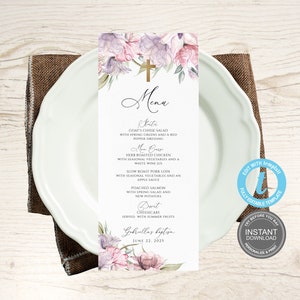 Sjabloon doopmenukaarten, sjabloon doopmenu, bewerkbaar doopmenu, naamdagmenu, decor dooptafel Eerste communie E416