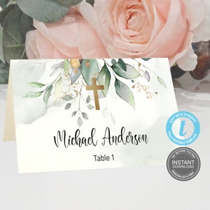 Plantilla para tarjeta de lugar de bautizo, tarjeta de lugar para bautizo, tarjetas de nombre para primera comunión, bautizo Templett, totalmente editable, tarjeta de lugar plegable E503