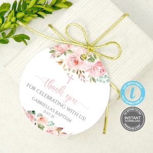 Taufe Dankeschön Tag Vorlage, Boho Taufe Dankeschön Tag, bearbeitbares Taufe Tags, bearbeitbares rosa Favor Tag, Taufe Gunst Tag, Label E350