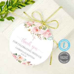 Baptism Thank You Tag Template, Boho Christening Thank You Tag, Editable Baptism Tag, Editable pink Favor Tag, Baptism Favor Tag, Label E350