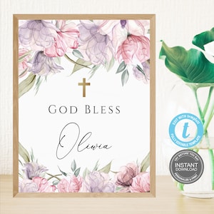 God Bless Zeichen Vorlage, Zeichen Mädchen, Druckbares rosa Taufe Zeichen, Boho Rosen, Erstkommunion Vorlage, Taufe Vorlage, Templett E409