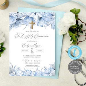 Modèle d'invitation première communion, fleurs bleues aquarelles, faire-part première communion imprimable, faire-part modifiable, baptême E438