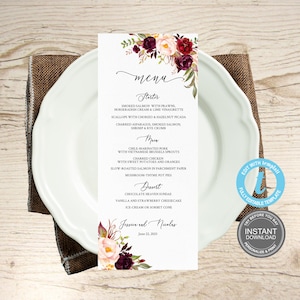 Bruiloft menukaart sjabloon, bruiloft, Instant Download, gebladerte bruiloft bruids douche brunch diner, gratis demo E192
