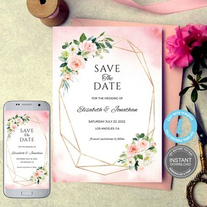 Bewaar de datumsjabloon, elektronische uitnodiging, 2 maten 5x7" en 4x6", elektronische uitnodiging, volledig bewerkbaar, Blush Floral, GRATIS demo E59