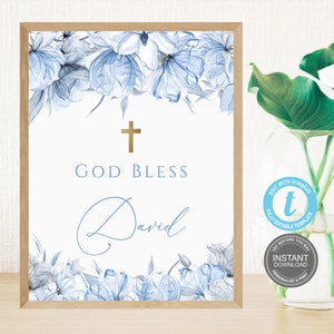Modèle de signes que Dieu vous bénisse, signes garçon, signes de baptême, modèle de signe de première communion, bouquets bleus, signes de baptême bleu et or, templett E445